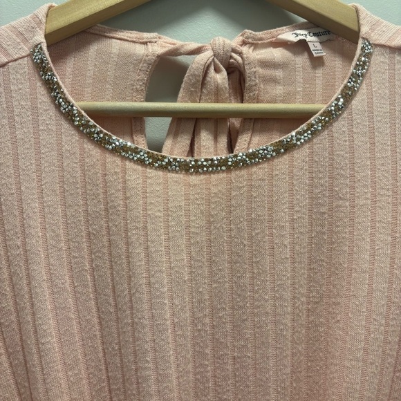 Juicy Couture Pink Ribbed Knit Top Embellished Jeweled Neckline Knotted - Picture 3 of 7
